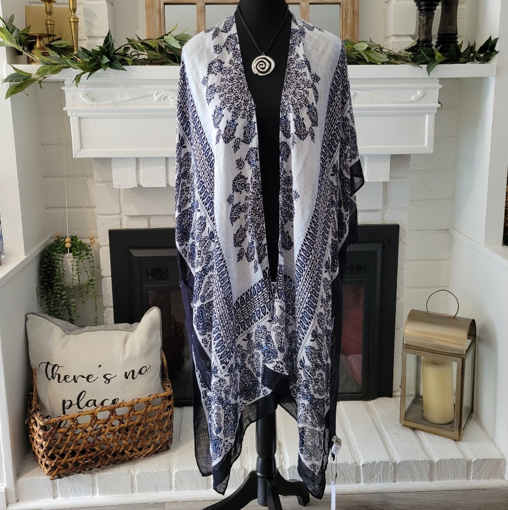 MODENA open front topper duster kimono cover up - Navy blue/White - One size